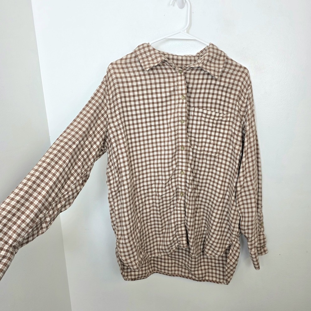 American Eagle Tan Cream Plaid Flannel Lightweight Oversized Shirt Size Small